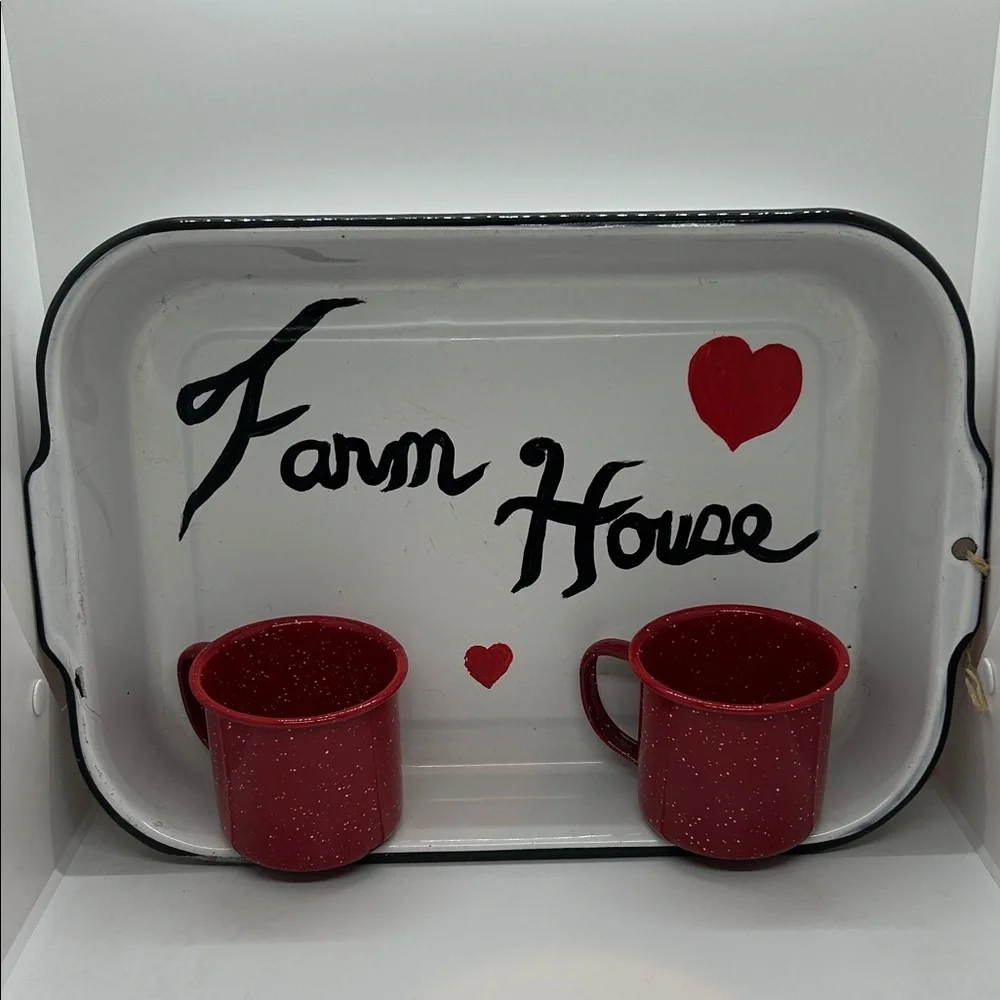 Red and White Farmhouse Enamel Tray decor Size 15.5 x 10.5 x 2.25 inches